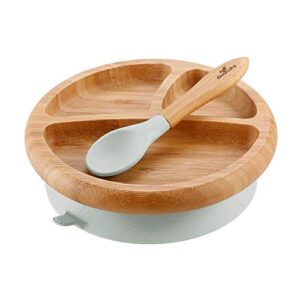 Avanchy Bamboo Baby Bowl & Spoon - 5" x 3" + Avanchy Bamboo Baby Suction Plate - 7" x 2" (Gray)