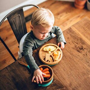 Avanchy Bamboo Baby Bowl & Spoon - 5" x 3" + Avanchy Bamboo Baby Suction Plate - 7" x 2" (Gray)