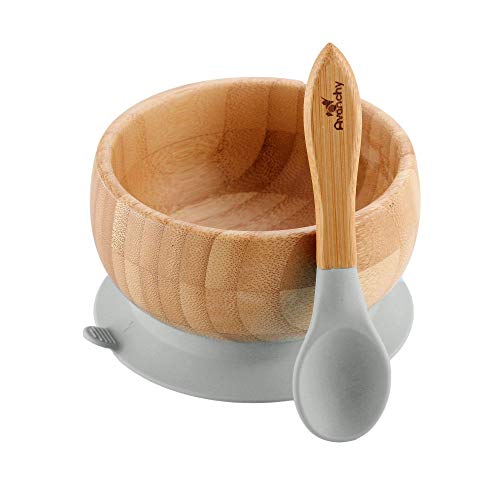 Avanchy Bamboo Baby Bowl & Spoon - 5" x 3" + Avanchy Bamboo Baby Suction Plate - 7" x 2" (Gray)