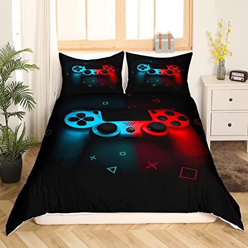 Gamer Duvet Cover for Boys,Gaming Comforter Cover Full,Cool Games Gamepad Bedding Set Kids Teen Game Room Decor Bed Cover,Video Game Controller,Modern Gradient Soft Red and Blue Bedclothes with Zipper