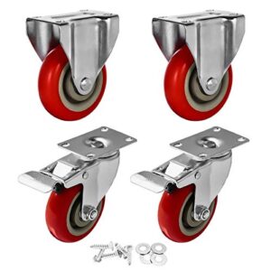 4 pack 4" caster wheels swivel 360 degree 2 with brake swivel and 2 rigid non swivel fixed stationery combo on red polyurethane wheels with hardware