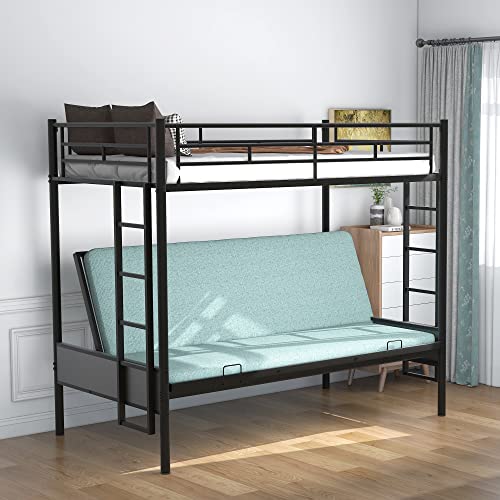 LZ LEISURE ZONE Metal Bunk Bed, Twin-Over-Futon Convertible Couch and Bed, Twin Over Full Bunk Bed with Ladder, No Box Spring Needed, Black