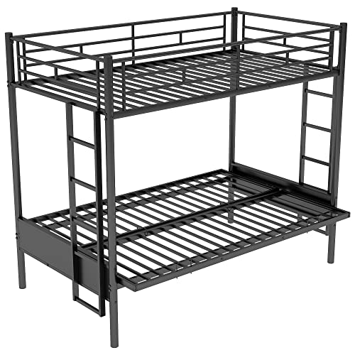 LZ LEISURE ZONE Metal Bunk Bed, Twin-Over-Futon Convertible Couch and Bed, Twin Over Full Bunk Bed with Ladder, No Box Spring Needed, Black