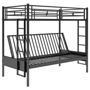 LZ LEISURE ZONE Metal Bunk Bed, Twin-Over-Futon Convertible Couch and Bed, Twin Over Full Bunk Bed with Ladder, No Box Spring Needed, Black
