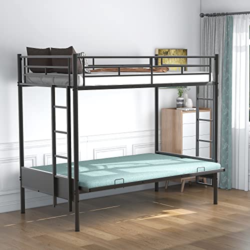 LZ LEISURE ZONE Metal Bunk Bed, Twin-Over-Futon Convertible Couch and Bed, Twin Over Full Bunk Bed with Ladder, No Box Spring Needed, Black