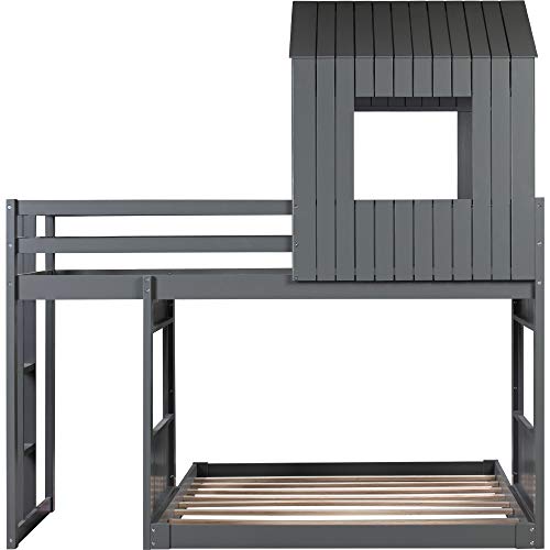 Harper & Bright Designs House Bed Bunk Beds Twin Over Full Size, Wood Bunk Beds with Roof and Guard Rail for Kids, Toddlers, No Box Spring Needed