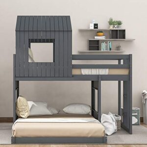 Harper & Bright Designs House Bed Bunk Beds Twin Over Full Size, Wood Bunk Beds with Roof and Guard Rail for Kids, Toddlers, No Box Spring Needed