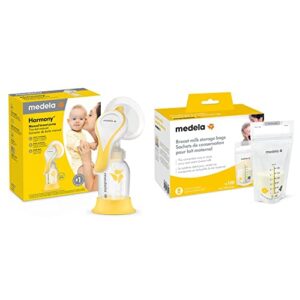 medela new harmony manual breast pump with flex breast shield and 100 count breast milk storage bags, compact single hand breastpump, ready to use breastmilk bags for breastfeeding