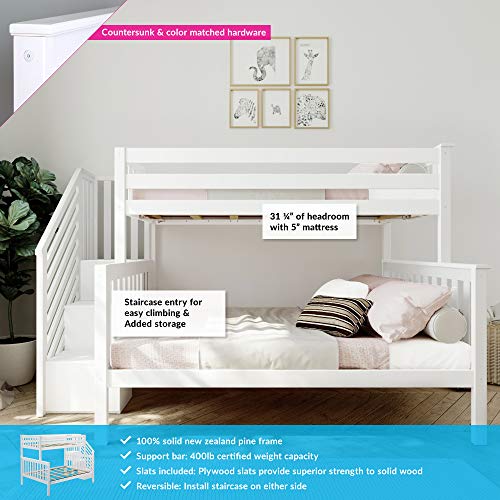 Max & Lily Bunk Bed, Twin-Over-Full Bed Frame For Kids With Stairs, White