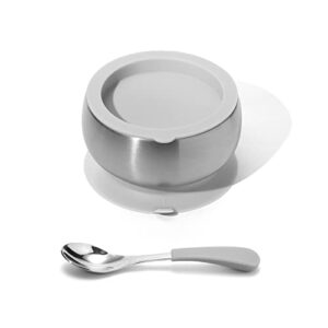 avanchy® stainless steel baby bowls and spoon removeable suction, storage lids set for babies kids toddler first food feeding gray baby spoon