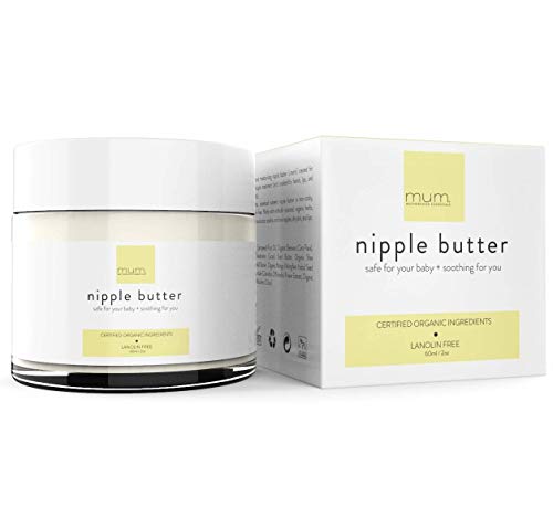 Mum. Motherhood Essentials® Organic Nipple Butter (2 oz), Lanolin Free, Doctor Recommended, USDA Organic + NON GMO , Safe nipple cream for breastfeeding, Pump lubricant, Breastfeeding essential