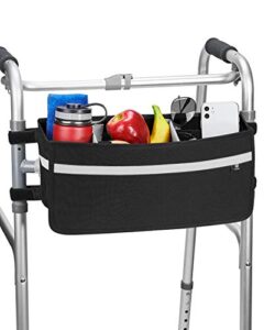 issyauto walker basket, strap mount walker cup drink holder with two split board, foldable walker storage bag, best gift for family and friends - black (not fit rollator walkers)