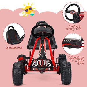 Costzon Kids Pedal Go Kart, 4 Wheel Pedal Powered Ride On Toys, Outdoor Racer Pedal Car with Adjustable Seat, Handbrake & Non-Slip Wheels, Pedal on Foot on Kart Gift for Boys Girls (Red)