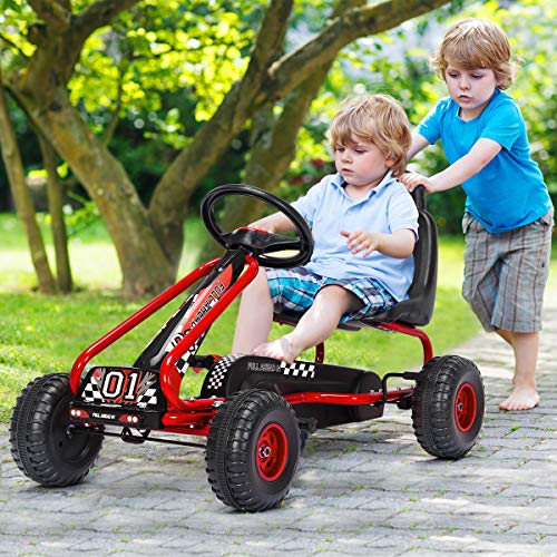 Costzon Kids Pedal Go Kart, 4 Wheel Pedal Powered Ride On Toys, Outdoor Racer Pedal Car with Adjustable Seat, Handbrake & Non-Slip Wheels, Pedal on Foot on Kart Gift for Boys Girls (Red)