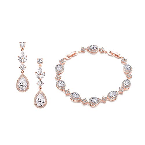 UDYLGOON UDORA Cubic Zirconia Teardrop Brides Bridesmaids Earrings Bracelet Jewelry Set Wedding Parties Prom (Rose Gold)