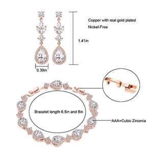 UDYLGOON UDORA Cubic Zirconia Teardrop Brides Bridesmaids Earrings Bracelet Jewelry Set Wedding Parties Prom (Rose Gold)