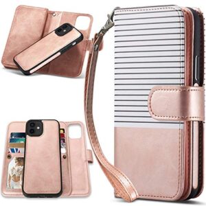 caseowl wallet case compatible for iphone 12/12 pro, magnetic detachable 2 in 1 folio leather wallet case with 9 card slots,hand strap,compatible for iphone 12/12 pro 6.1 inch 2020 (white&rose gold)