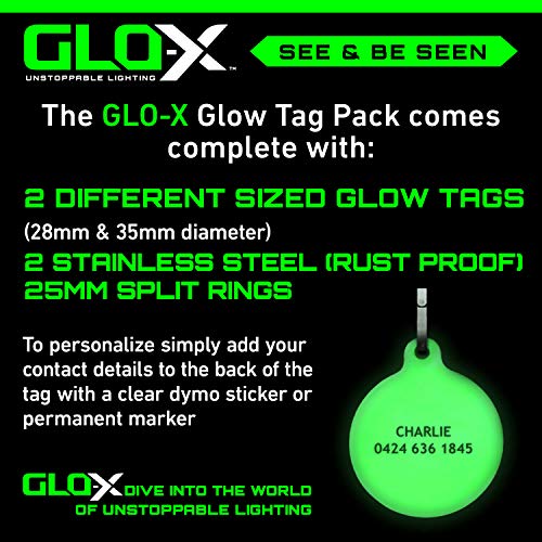 GLO-X Dog Glow Tag - Glow in The Dark Cat Tags to Keep Your Pets Safe at Night - 12+ Hours Glow Time - Charges in Daylight - No Batteries Required 1.38” x 1.10” Diameter