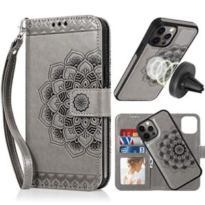 caseowl wallet case compatible for iphone 12 pro max,magnetic detachable case fit magnetic car mount,card solts holder, embossed mandala pattern flower floral leather flip wallet case[gray]