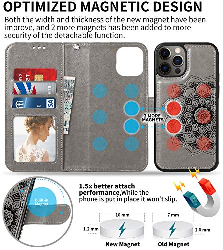 CASEOWL Wallet Case Compatible for iPhone 12 Pro Max,Magnetic Detachable Case Fit Magnetic Car Mount,Card Solts Holder, Embossed Mandala Pattern Flower Floral Leather Flip Wallet Case[Gray]