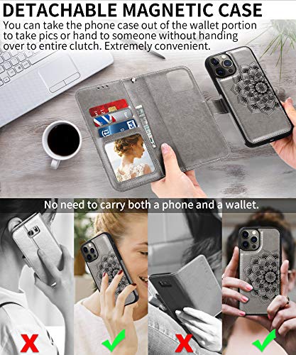 CASEOWL Wallet Case Compatible for iPhone 12 Pro Max,Magnetic Detachable Case Fit Magnetic Car Mount,Card Solts Holder, Embossed Mandala Pattern Flower Floral Leather Flip Wallet Case[Gray]