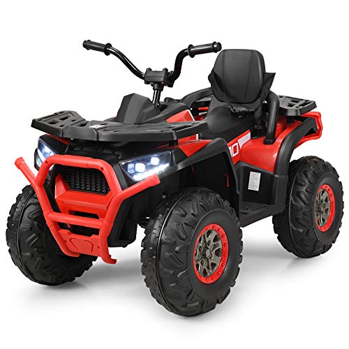 Costzon Kids ATV, 12V Battery Powered Electric Vehicle w/Safety Belt, LED Light, Music, Horn, 2 Speeds, USB/ MP3/TF, Treaded Tires, Ride on Car 4 Wheeler Quad for Boy & Girl Gift, Ride on ATV (Red)