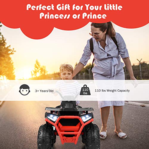 Costzon Kids ATV, 12V Battery Powered Electric Vehicle w/Safety Belt, LED Light, Music, Horn, 2 Speeds, USB/ MP3/TF, Treaded Tires, Ride on Car 4 Wheeler Quad for Boy & Girl Gift, Ride on ATV (Red)