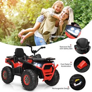 Costzon Kids ATV, 12V Battery Powered Electric Vehicle w/Safety Belt, LED Light, Music, Horn, 2 Speeds, USB/ MP3/TF, Treaded Tires, Ride on Car 4 Wheeler Quad for Boy & Girl Gift, Ride on ATV (Red)