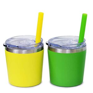 colorful popo cute small stainless steel mom and kids tumbler, stackable toddler smoothie cup with lid and silicone straws, set of 2 (green yellow, 8 oz)