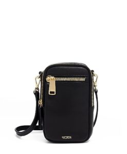 tumi voyageur katy crossbody - crossbody purse for holding phone & more - women's sling bag - black leather & gold hardware