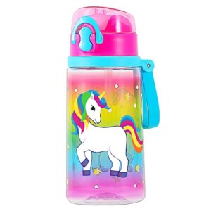 home tune 18 oz cute water bottle with straw for girls, bpa free tritan & leak proof one click open flip top & easy clean & soft carry loop (unicorn)
