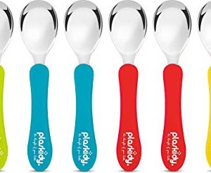 PLASKIDY Stainless Steel Toddler Spoons Set of 8 Kids Spoons - Children Safe Utensils BPA Free Dishwasher Safe Kid Spoons Flatware Set