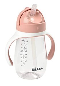 beaba straw sippy cup, sippy cup with removable handles, sippy cup with straw, baby straw cup, toddler cup, toddler straw cups, 8+ months, 10 oz, rose