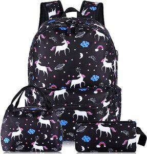 scione cute school backpack for girls, teens school bag with usb charging port water-resistant black canvas bookbag, preschool daypack elementary backbag, back to shool supplies gifts for kids