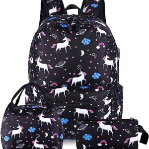 SCIONE Cute School Backpack for Girls, Teens School Bag with USB Charging Port Water-Resistant Black Canvas Bookbag, Preschool Daypack Elementary BackBag, Back to Shool Supplies Gifts for Kids