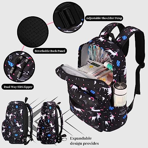 SCIONE Cute School Backpack for Girls, Teens School Bag with USB Charging Port Water-Resistant Black Canvas Bookbag, Preschool Daypack Elementary BackBag, Back to Shool Supplies Gifts for Kids