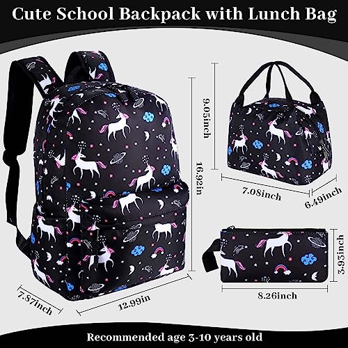 SCIONE Cute School Backpack for Girls, Teens School Bag with USB Charging Port Water-Resistant Black Canvas Bookbag, Preschool Daypack Elementary BackBag, Back to Shool Supplies Gifts for Kids