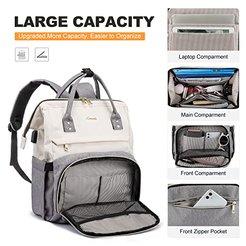 LOVEVOOK Laptop Backpack for Women Fashion Business Computer Backpacks Travel Bags Purse Doctor Nurse Work Backpack with USB Port, Fits 15.6-Inch Laptop Beige Grey