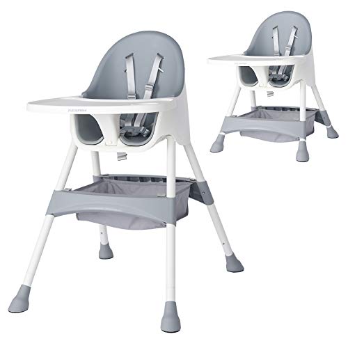 KESAIH High Chair, Height Adjustable High Chairs for Babies and Toddler with Easy-Clean Pu Cushion, Removable Tray, Adjustable Feet, 5 Point Safety Harness, Modern Toddler High Chair （Grey）1