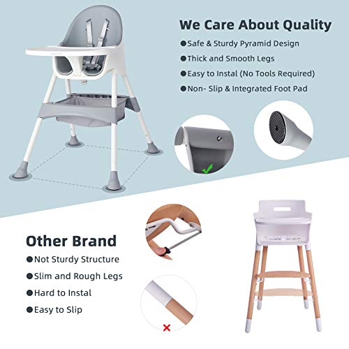 KESAIH High Chair, Height Adjustable High Chairs for Babies and Toddler with Easy-Clean Pu Cushion, Removable Tray, Adjustable Feet, 5 Point Safety Harness, Modern Toddler High Chair （Grey）1