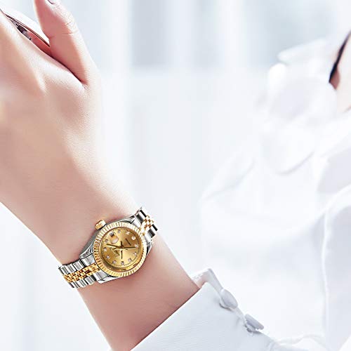 OLEVS Automatic Watches for Womens Ladies Gold and Silver Two Tone Stainless Steel Waterproof Date Wrist Watches Luxury Dress Classic Style