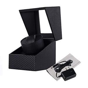 Automatic Single Watch Winder with Quiet Japanese Motor, in Wood Shell and Black Leather(Carbon Fiber Leather)