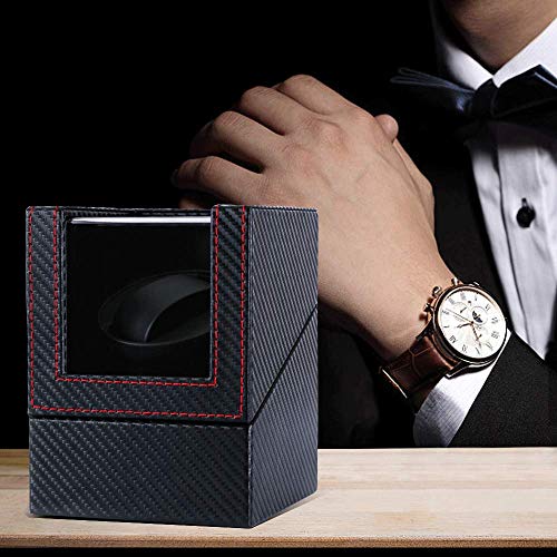 Automatic Single Watch Winder with Quiet Japanese Motor, in Wood Shell and Black Leather(Carbon Fiber Leather)