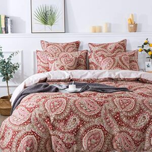 fadfay paisley duvet cover set 100% cotton ultra soft red and beige reversible paisley bedding set with hidden zipper closure 3 pieces, 1duvet cover & 2pillowcases, king/california king size