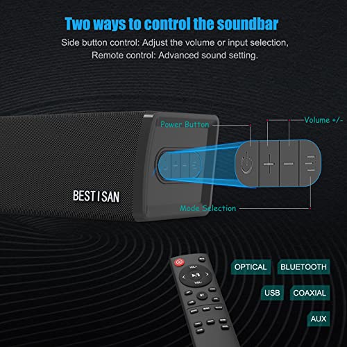 Soundbar Bestisan TV Sound Bar Wired and Wireless Bluetooth 5.0 Speaker, 80W Sound Bar Home Audio System for TV, 24-Inch, Wall Mount, Treble/Bass Adjustable, Optical/Auxiliary USB/Coaxial Cable