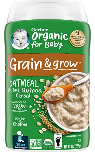 Gerber Organic for Baby Grain & Grow 2nd Foods Cereal, Oatmeal Millet Quinoa Cereal, USDA Organic & Non-GMO Baby Cereal, 8 - Ounce Canister (Pack of 3)