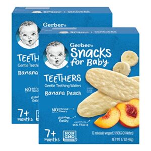 gerber snacks for baby teethers, banana peach, gentle teething wafers, flavored with real fruits & no artificial flavors, 12 individually wrapped 2 packs/box (pack of 2 boxes)