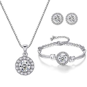 yooai jewellery set round pendant necklace earrings and bracelet set cubic zirconia jewellery for women round silver