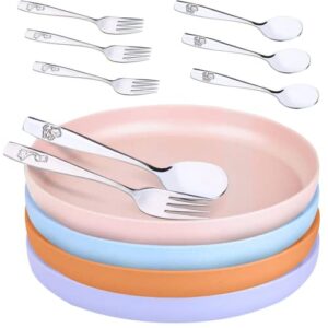 bamboo plates for kids and toddlers – 12 pack bamboo toddler plates & stainless steel silverware set – 8 inch bamboo kids plates – eco-friendly kids bamboo plates – dishwasher safe