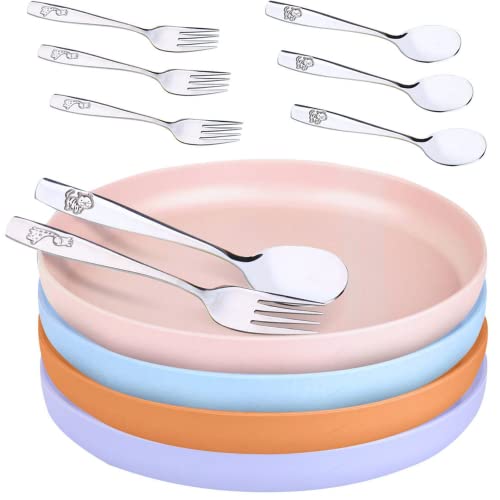 Bamboo Plates for Kids and Toddlers – 12 Pack Bamboo Toddler Plates & Stainless Steel Silverware Set – 8 Inch Bamboo Kids Plates – Eco-Friendly Kids Bamboo Plates – Dishwasher Safe